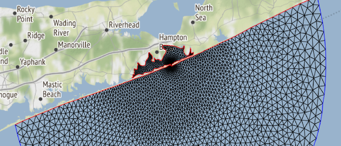 a triangular mesh over shallow water area of a coastal map